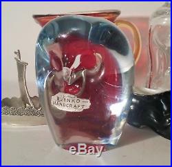 1930s-80s BLENKO owl bird paperweight vtg mcm glass sculpture foil hand label