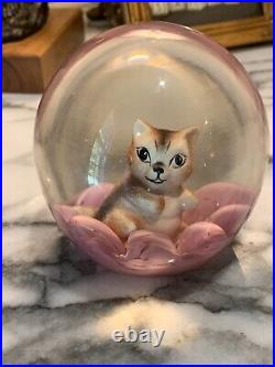 1970 Joe St Clair Sulfide Cat Chipmunk Pink Ribbon Paperweight Art Glass Pugsley
