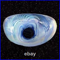 1983 Pulled Feather Glass Paperweight Blue Iridescent Heart Shaped Glass Signed