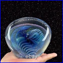 1983 Pulled Feather Glass Paperweight Blue Iridescent Heart Shaped Glass Signed