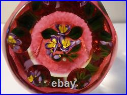 1999 Perthshire Scotland Art Glass Purple & Yellow Flower Faceted Paperweight