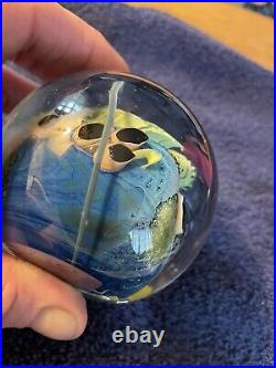 2019 Josh Simpson Inhabited Planet Art Glass Paperweight 2 3/4 W Colorful Cane