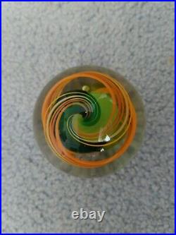 2 1/2 Mark Matthews Art Glass Green & Orange Swirl Marble Paperweight 1986