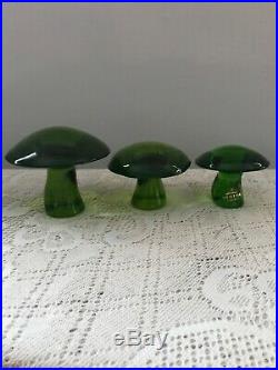 3 Vintage Viking Art Glass Green Mushroom large medium and small epic label