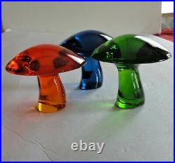 3 Vtg Tall Midcentury Modern Viking Glass Mushroom Paperweight Blue Orange Green