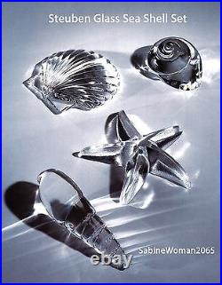4 NEW in BOX STEUBEN glass SEA SHELLS ornament PAPERWEIGHTS Star Fish Auger art