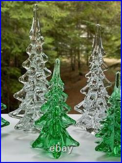 8 Vintage Art Glass Christmas Trees Paperweight Clear Green 5 to 10 Tall