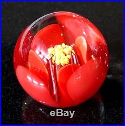 A Beautiful Vintage Art Glass Paperweight With Red And Yellow Flower