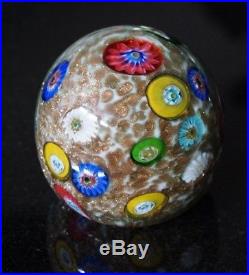 A Beautiful Vintage Murano Glass Paperweight With Millefiori And Gold Background