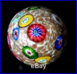 A Beautiful Vintage Murano Glass Paperweight With Millefiori And Gold Background