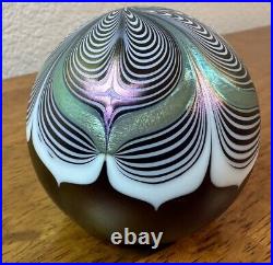 Ableman Vintage Purple Green Iridescent Pulled Feather Art Glass Paperweight