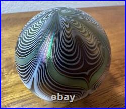 Ableman Vintage Purple Green Iridescent Pulled Feather Art Glass Paperweight