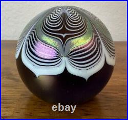 Ableman Vintage Purple Green Iridescent Pulled Feather Art Glass Paperweight