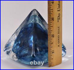 Andrew Shea Art Glass Pyramid Paperweight- Internal Blue Swirls- Signed- EC
