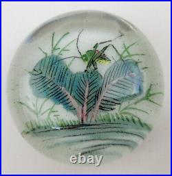 Antique Chinese Painted White Ground Art Glass Paperweight Cricket Foliage Vtg