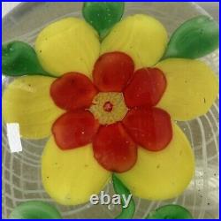 Antique Clichy Yellow and Red Flower Glass Paperweight /w White Swirl Background
