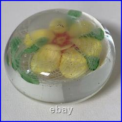 Antique Clichy Yellow and Red Flower Glass Paperweight /w White Swirl Background