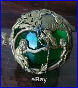 Antique Vintage Emerald Green Glass Paperweight w Brass Bronze Animals SIGNED