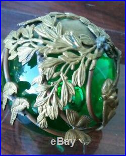Antique Vintage Emerald Green Glass Paperweight w Brass Bronze Animals SIGNED