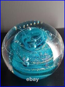 Art Glass Paperweight, Blue Cosmic Swirl Asteroid, Rainbow Bubbles, Signed