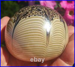 BROWN Eisch pulled feather vtg art glass paperweight drape spider web signed