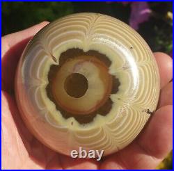 BROWN Eisch pulled feather vtg art glass paperweight drape spider web signed