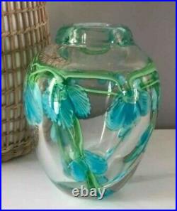 Beautiful Vintage Heavy Paperweight Art Glass Vase with Flowers