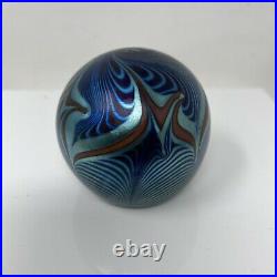 Correia Pulled Feather Paperweight Signed Vintage Blue Autographed Glass