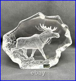Crystal Paperweight Statue Signed Mats Jonasson Etched Moose, Heavy, VTG 70's Lg