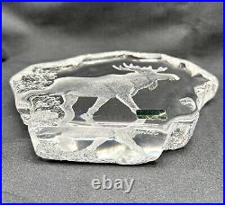 Crystal Paperweight Statue Signed Mats Jonasson Etched Moose, Heavy, VTG 70's Lg
