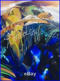 David Lindsay Vintage Blue & Yellow Art Glass Paperweight 2005