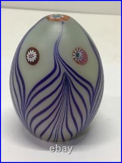 Ferro Murano Signed Hand Blown Glass Pulled Blue Feather Egg Shaped Paperweight