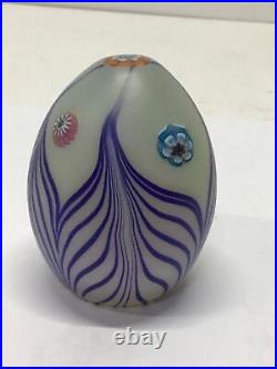 Ferro Murano Signed Hand Blown Glass Pulled Blue Feather Egg Shaped Paperweight