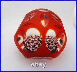 Fratelli Toso Murano Glass Red Overlay Faceted Fancy Cut Millefiori Paperweight