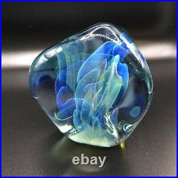 Gilbert Johnson Paperweight 1976 Art Glass Biomorphic Blue Abstract Signed 3