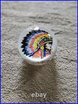Hand Blown Large Glass Paperweight Indian Chief Costume Red White Blue Confetti