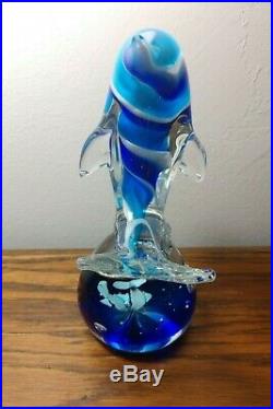 INTRICATE Murano Dolphin Paperweight with Fish Blue Swirl Sommerso Vintage Glass