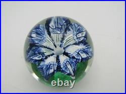 Incredible Vintage Glass Paperweight Single Blue Flower & Green Base 3 Wow