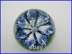 Incredible Vintage Glass Paperweight Single Blue Flower & Green Base 3 Wow