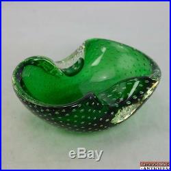 Italian Bright Green Controlled Bubble Art Glass Candy/Key Dish Marked Base VTG
