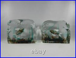 Italian Murano Glass Aquarium Pair, Fish Blocks, Bookends, Paperweights
