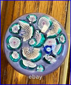 John Deacons Clichy Roses Violet Paperweight with Signature JD Cane