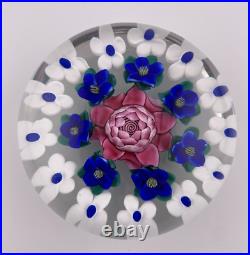KEN ROSENFELD Concentric Blue/White/Pink Flowers Glass Paperweight Signed'87