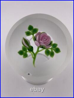 Ken Rosenfeld Lovely Pink Rose With Bud Sandblasted Studio Glass Paperweight