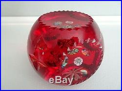 LG Vintage Murano Art Glass Paperweight Millefiori FACETED RED Overlay Star Cut