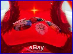 LG Vintage Murano Art Glass Paperweight Millefiori FACETED RED Overlay Star Cut