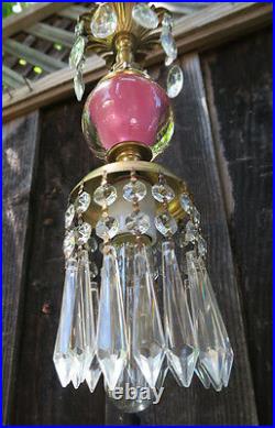 Lamp SWAG chandelier Vintage Pink paperweight glass tole Brass Crystal prisms
