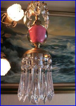 Lamp SWAG chandelier Vintage Pink paperweight glass tole Brass Crystal prisms