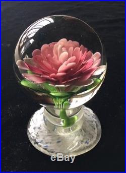 Large VINTAGE Lamp work art glass 4 x 5 PEDESTAL PAPERWEIGHT Rose PINK FLOWER