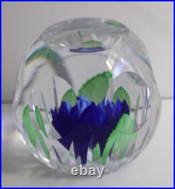 Large Vintage Caithness Scotland Blue Heaven Faceted Glass Flower Paperweight